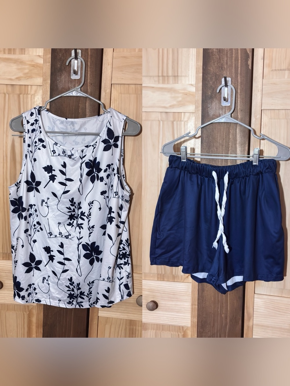 NWOT White Floral Tank Top & Navy Drawstring Shorts Set